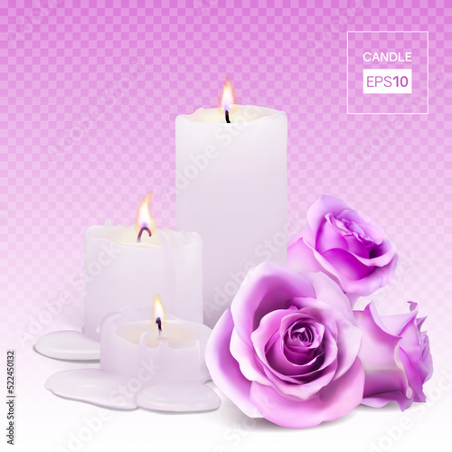 Realistic candles and rosebuds on a transparent background. Vector illustration