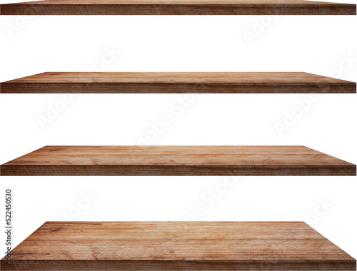 collection of wooden shelves on an isolated  photo