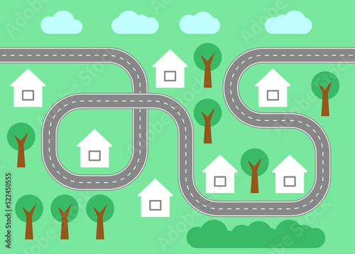 Map path street, road and highway, top view. Road for transport city map. Plan route of race. Track asphalt path and house. Vector