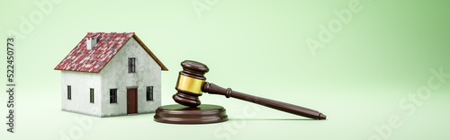 Judge's Gavel and House on Green Background photo