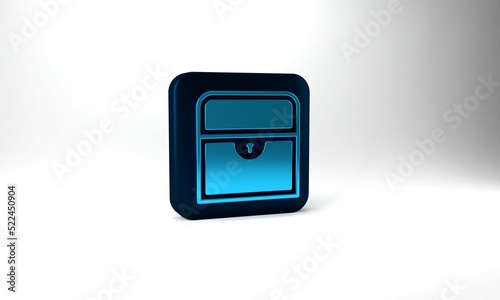 Blue Antique treasure chest icon isolated on grey background. Vintage wooden chest with golden coin. Blue square button. 3d illustration 3D render