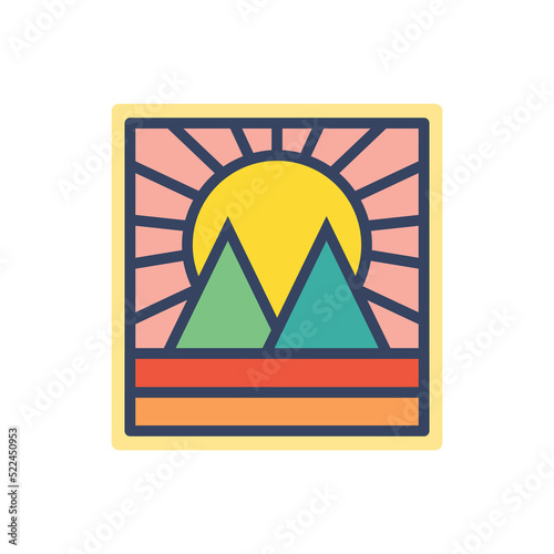 Abstract Sunset beach mountain logo badge circle  design. Template Vector illustration. Icon logo design