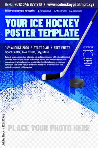 Ice hockey poster template with stick and puck