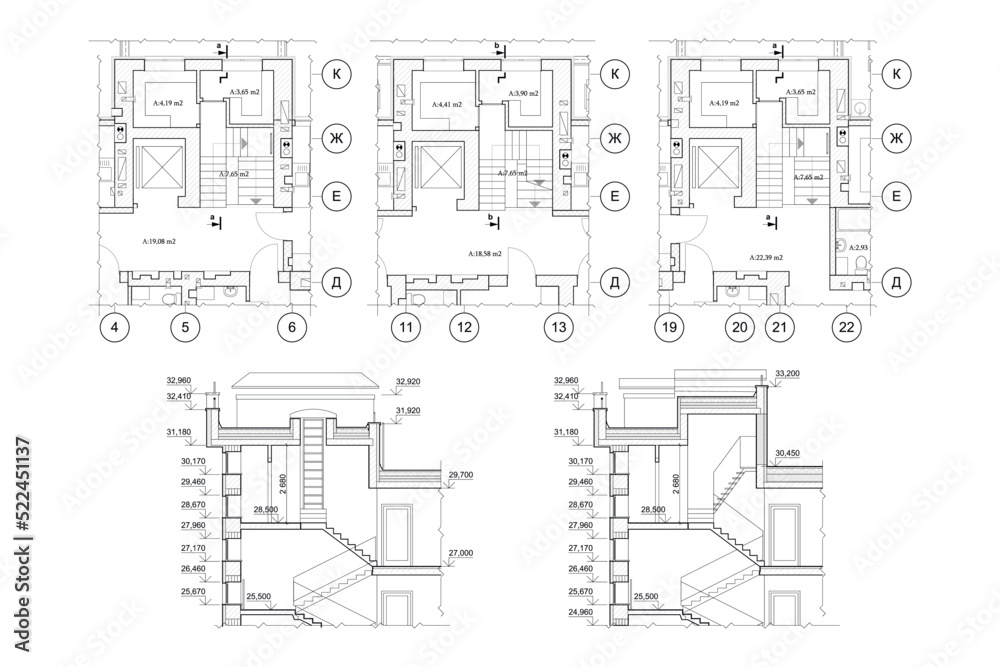 Townhouse building detailed architectural technical drawing, vector blueprint