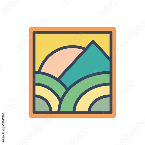 Abstract Sunset beach mountain logo badge circle  design. Template Vector illustration. Icon logo design