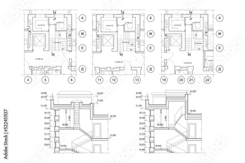 Townhouse building detailed architectural technical drawing, vector blueprint