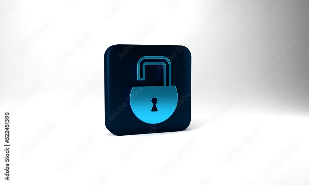 Blue Open padlock icon isolated on grey background. Opened lock sign. Cyber security concept. Digital data protection. Blue square button. 3d illustration 3D render Blue Open padlock icon isolated on grey background. Opened lock sign. Cyber security concept. Digital data protection. Blue square button. 3d illustration 3D render