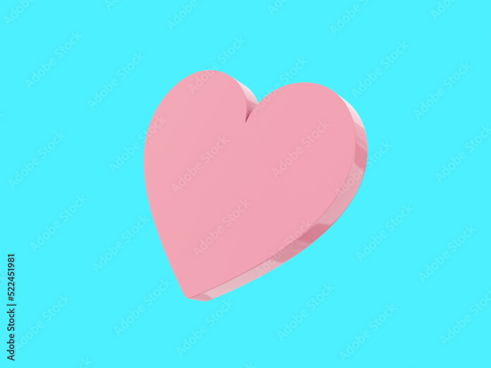 Flat heart. Symbol of love. Pink single color. On a blue monochrome background. Bottom view. 3d rendering.