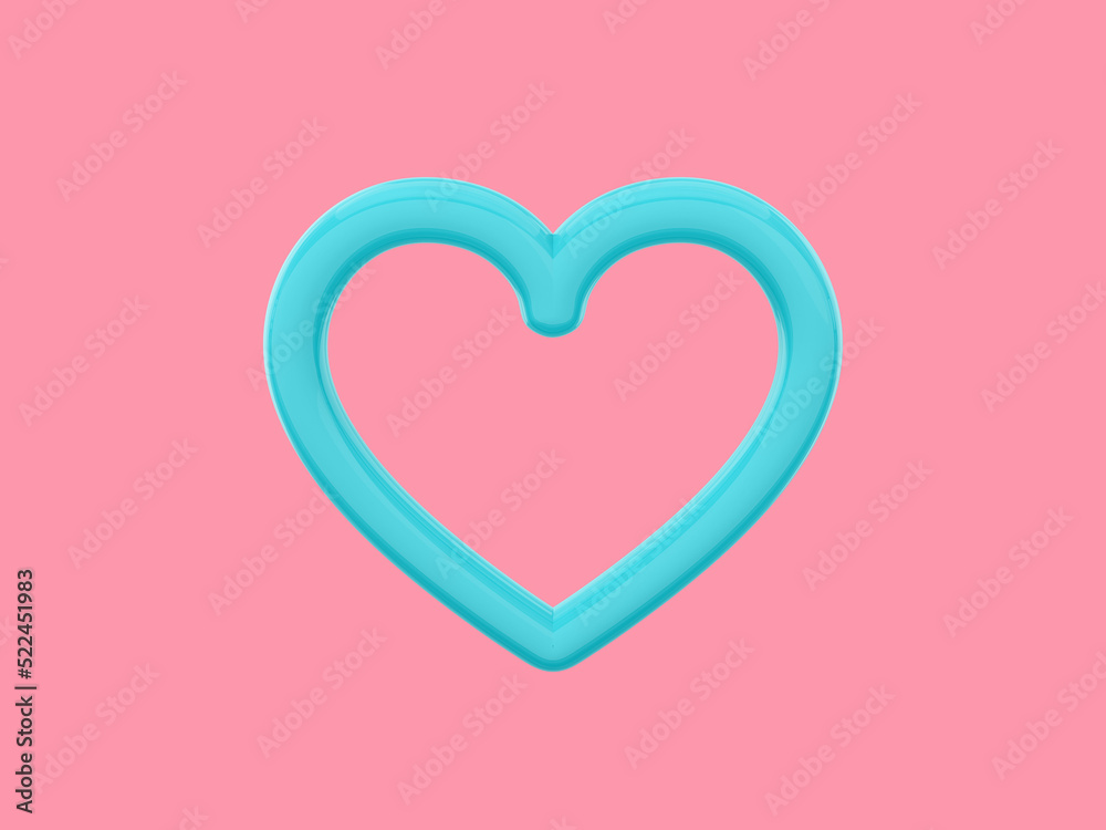 Toy heart. Symbol of love. Blue single color. On a pink flat background. Front view. 3d rendering.