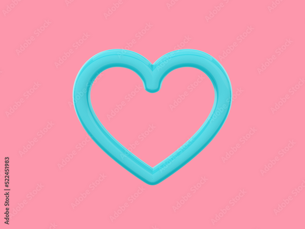 Toy heart. Symbol of love. Blue single color. On a pink flat background. Front view. 3d rendering. Toy heart. Symbol of love. Blue single color. On a pink flat background. Front view. 3d rendering.