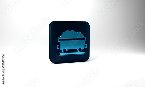 Blue Coal train wagon icon isolated on grey background. Rail transportation. Blue square button. 3d illustration 3D render