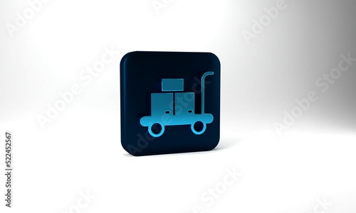 Blue Trolley suitcase icon isolated on grey background. Traveling baggage sign. Travel luggage icon. Blue square button. 3d illustration 3D render
