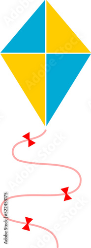 Yeloow blue kite flying with red ribbons icon design. 