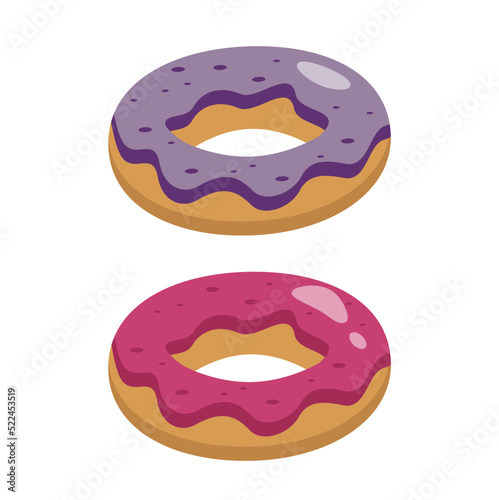 Donuts. Vector flat illustration of a delicious dessert. Cartoon colorful tasty donut isolated on white background. Pink glazed doughnut.