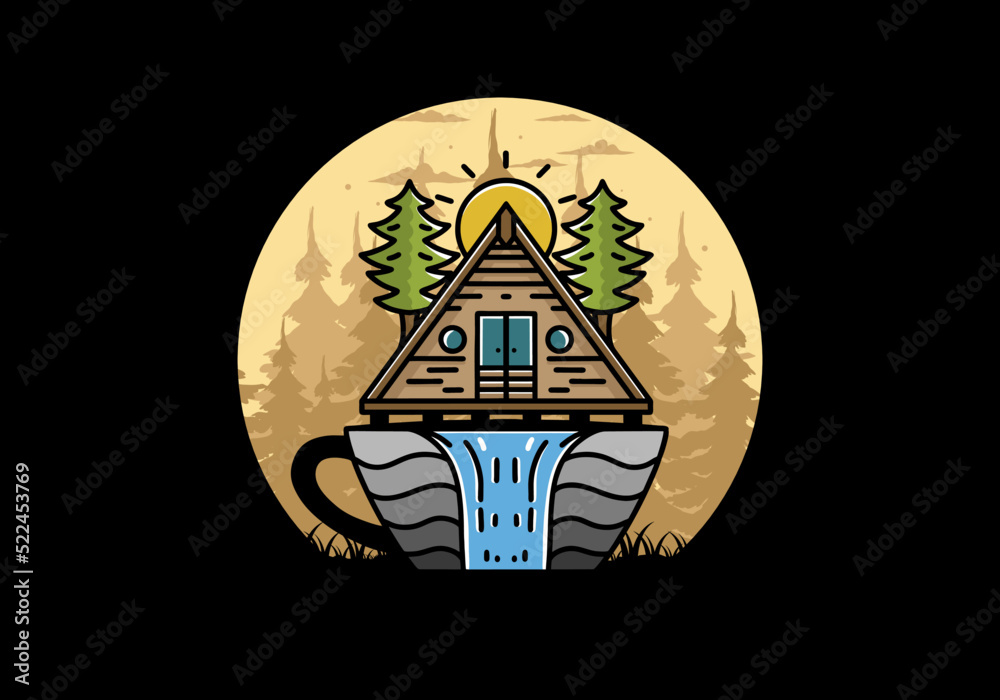 Wood cabin and pine trees on the coffee cup shape with waterfall illustration
