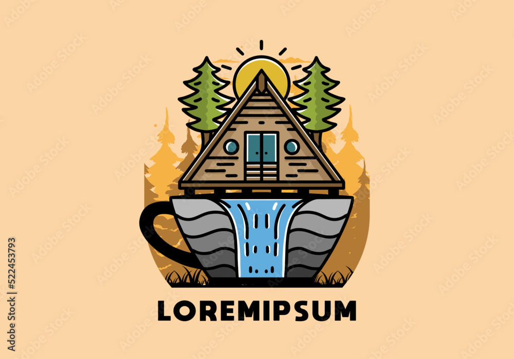 Wood cabin and pine trees on the coffee cup shape with waterfall illustration Wood cabin and pine trees on the coffee cup shape with waterfall illustration