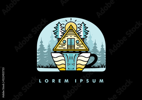 Wood cabin and pine trees on the coffee cup shape with waterfall illustration