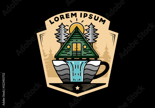 Wood cabin and pine trees on the coffee cup shape with waterfall illustration