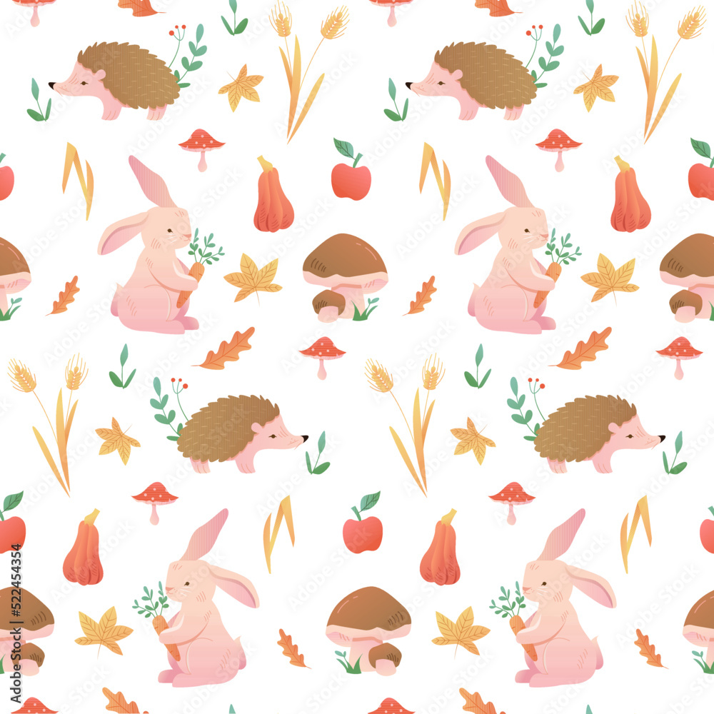 Seamless Childish Woodland Pattern with Bunny or Rabbit, Hedgehog, Apple, Ears of wheat, White mushroom, Fly agaric, Pumpkin and Leaf. Kids Forest Texture for Wallpaper, Wrapping, Fabric, Textile. Seamless Childish Woodland Pattern with Bunny or Rabbit, Hedgehog, Apple, Ears of wheat, White mushroom, Fly agaric, Pumpkin and Leaf. Kids Forest Texture for Wallpaper, Wrapping, Fabric, Textile.