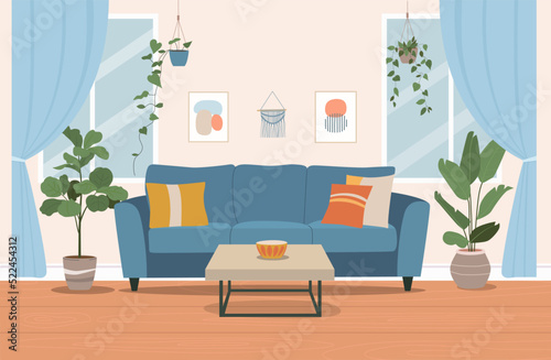 Living room interior. Comfortable chair, sofa and house plants. Vector flat illustration