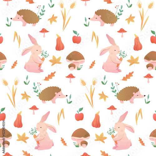 Seamless Childish Woodland Pattern with Bunny or Rabbit, Hedgehog, Apple, Ears of wheat, White mushroom, Fly agaric, Pumpkin and Leaf. Kids Forest Texture for Wallpaper, Wrapping, Fabric, Textile. 
