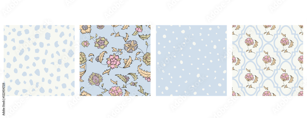 Set of hand drawn Jacobean floral and dot texture seamless patterns.  Sky blue and white.