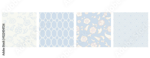 Set of delicate light blue and white wedding stationery seamless patterns. Vintage floral pattern. Hand drawn.