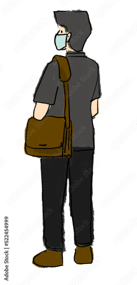 Man mask with labtop bag at airport cartoon hand drawing illustration Man mask with labtop bag at airport cartoon hand drawing illustration