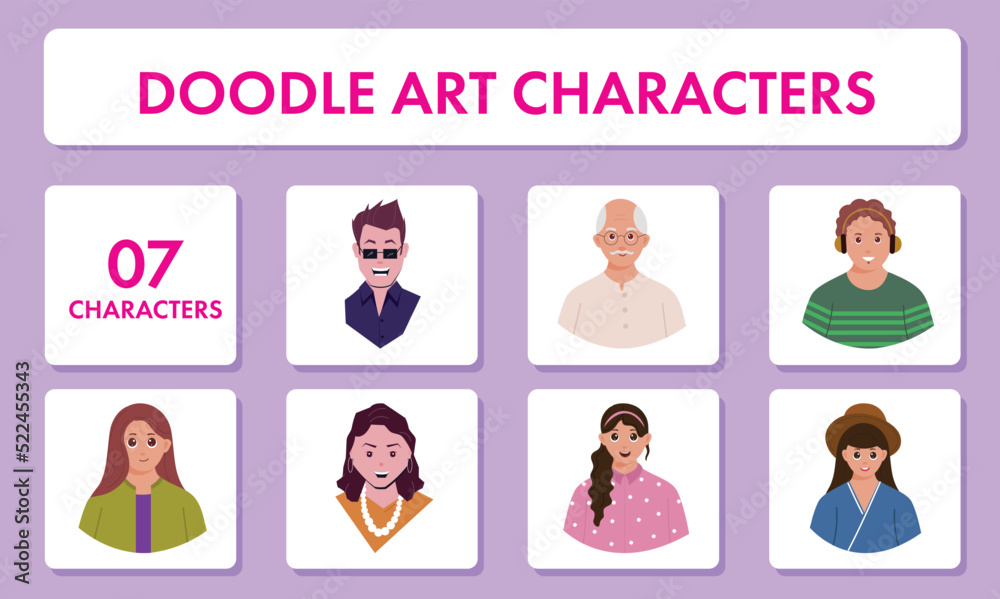 Set Of Doodle Art Man With Woman Character On Purple And White Background.
