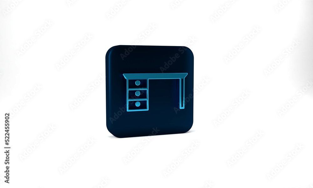 Blue Office desk icon isolated on grey background. Blue square button. 3d illustration 3D render Blue Office desk icon isolated on grey background. Blue square button. 3d illustration 3D render