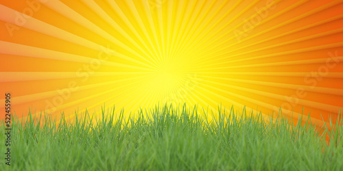 Grass line. Yellow background symbolizes sun. Summer green grass. Grass line under orange background. Places for writing. Background for texts about nature. Spring mood concept. 3d rendering.