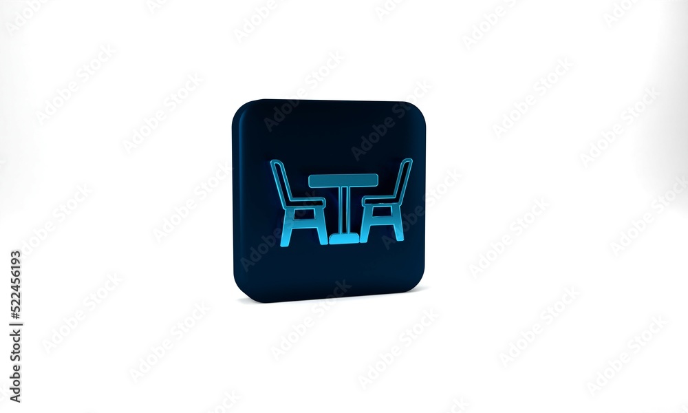 Blue Wooden table with chair icon isolated on grey background. Blue square button. 3d illustration 3D render Blue Wooden table with chair icon isolated on grey background. Blue square button. 3d illustration 3D render