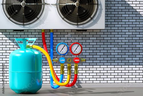 Filling SPLIT. Cylinder with coolant. Process refueling outdoor air conditioner. Cylinder with Freon near brick wall. Concept coolant sales for split systems. Coolant gas air conditioner. 3d image photo