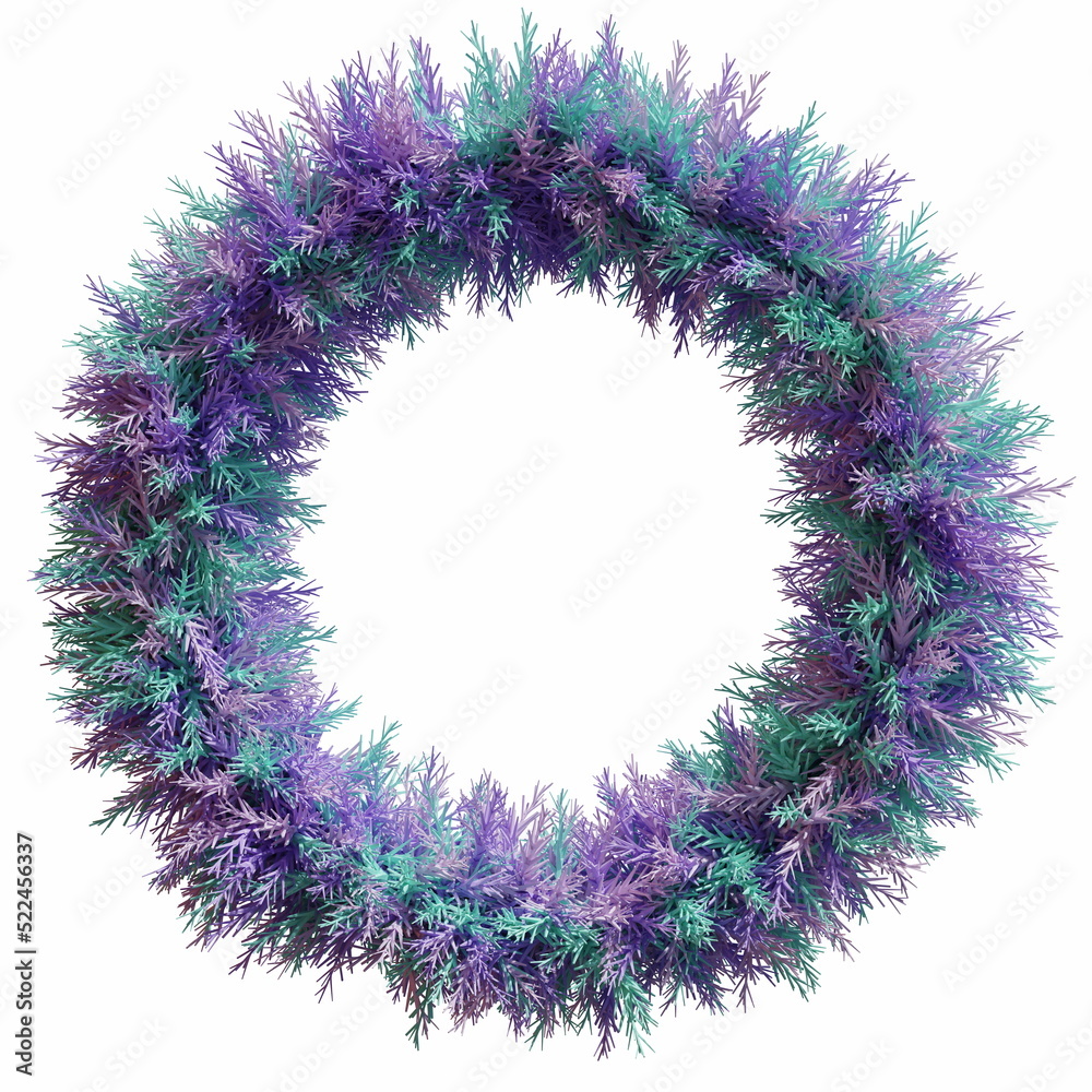 Christmas wreath blue, pink, green snow-covered branches, isolated on a white background, 3d render, 3d illustration