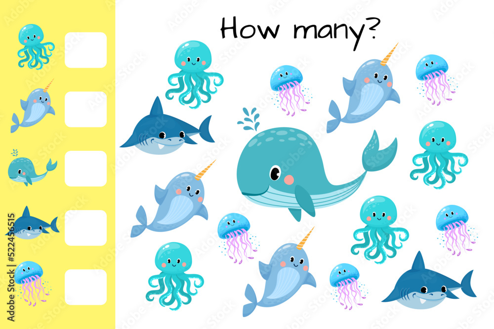 Counting game, count sea animals and write result. Kids educational logic game. Educational printable math worksheet. Vector illustration isolated on white background. Counting game, count sea animals and write result. Kids educational logic game. Educational printable math worksheet. Vector illustration isolated on white background.