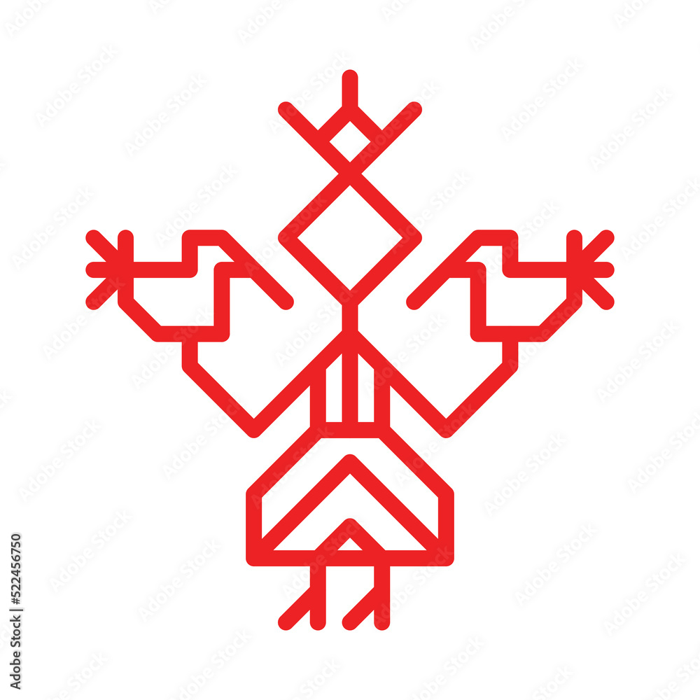 Vector ornamental concept has red simple symbol of woman. Outline icon of girl in traditional national dress of Karelia and Finland peoples. Decorative sign of female person holding birds Vector ornamental concept has red simple symbol of woman. Outline icon of girl in traditional national dress of Karelia and Finland peoples. Decorative sign of female person holding birds