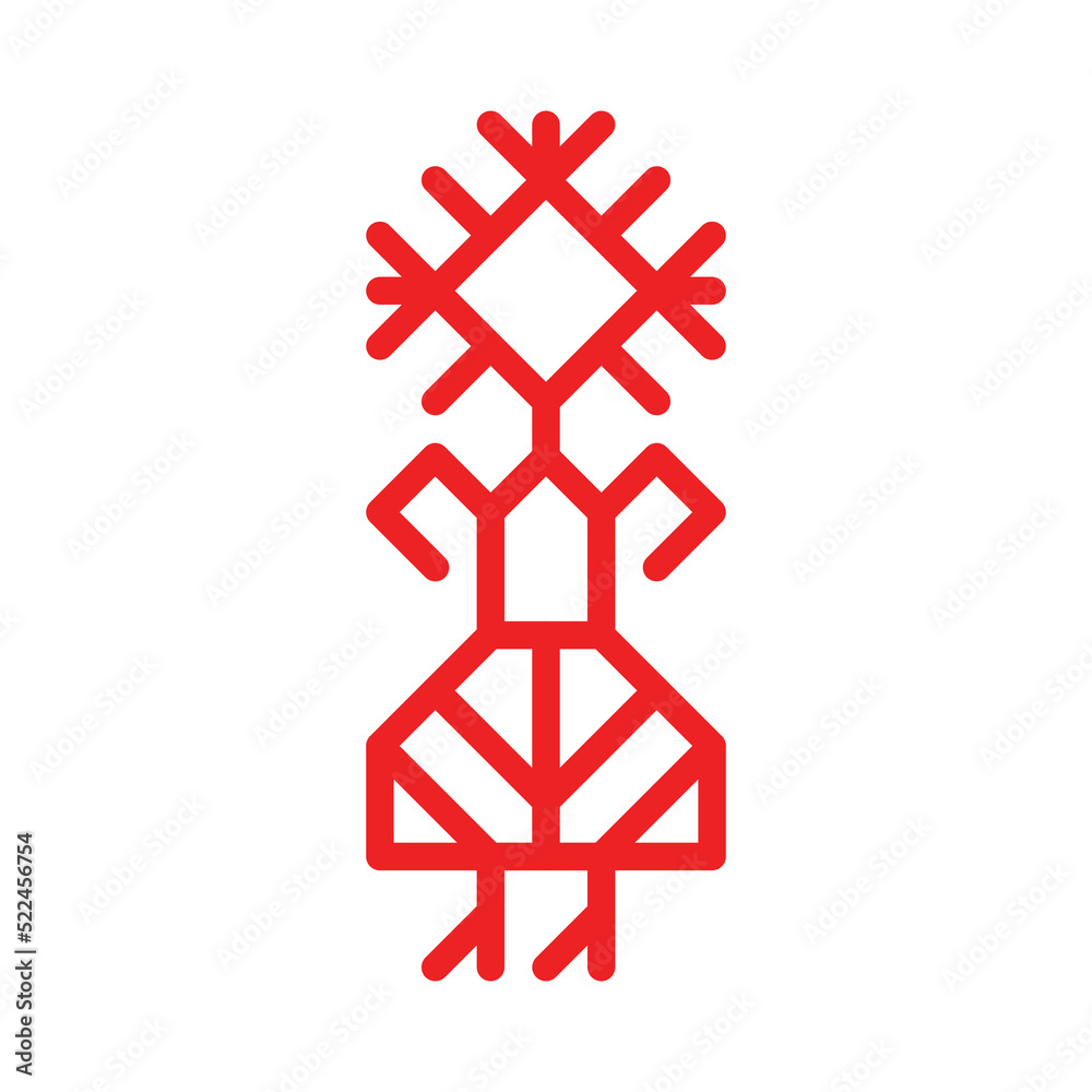 Vector ornamental concept has red simple symbol of woman. Outline icon of girl in traditional national dress of Karelia and Finland peoples. Decorative sign of female person for native embroidery Vector ornamental concept has red simple symbol of woman. Outline icon of girl in traditional national dress of Karelia and Finland peoples. Decorative sign of female person for native embroidery