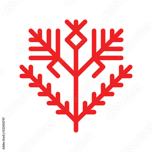 Vector concept has red simplified symbol of bush with berry. Outline icon of plant is traditional ornamental element of Karelia and Finland peoples. Decorative sign of shrub for native embroidery
