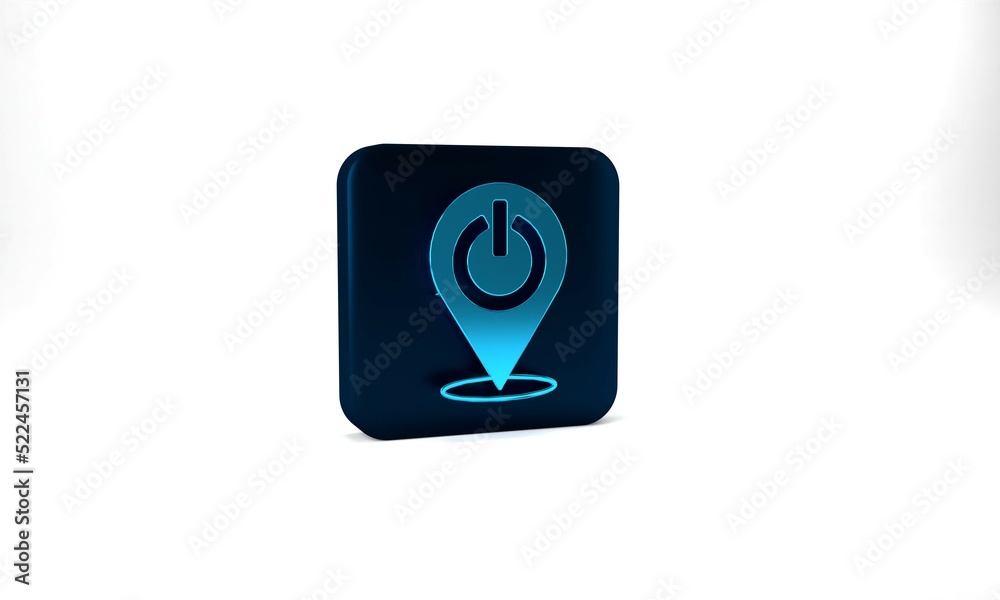 Blue Power button icon isolated on grey background. Start sign. Blue square button. 3d illustration 3D render Blue Power button icon isolated on grey background. Start sign. Blue square button. 3d illustration 3D render
