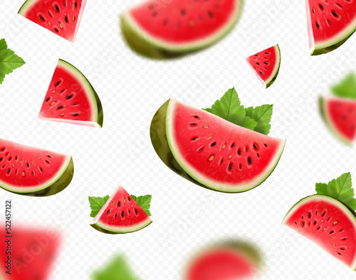 Watermelons 3d background. Watermelon with blur falling realistic vector