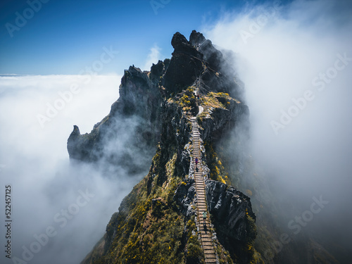 Aerial view of footpath on Pico do Arieiro above clouds, Madeira, Portugal