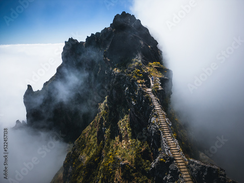 Aerial view of footpath on Pico do Arieiro above clouds, Madeira, Portugal photo