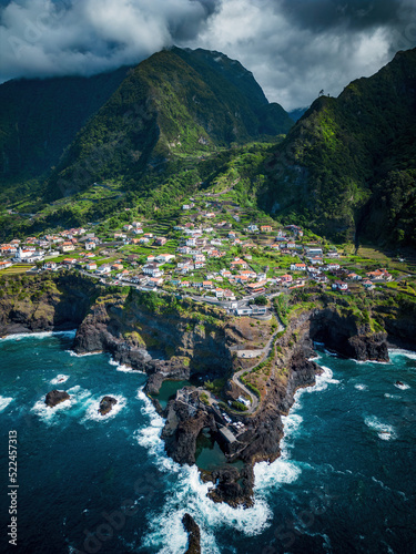Aerial view of coastal village, Seixal, Porto Moniz, Madeira, Portugal photo