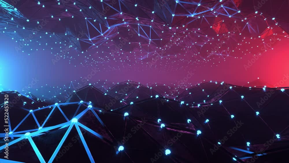 Artificial intelligence glowing wavy tunnel with loopable effect, colorful bright waves with purple, red and blue color. Infinite dimension with futuristic seamless neon loop. 3d render animation.