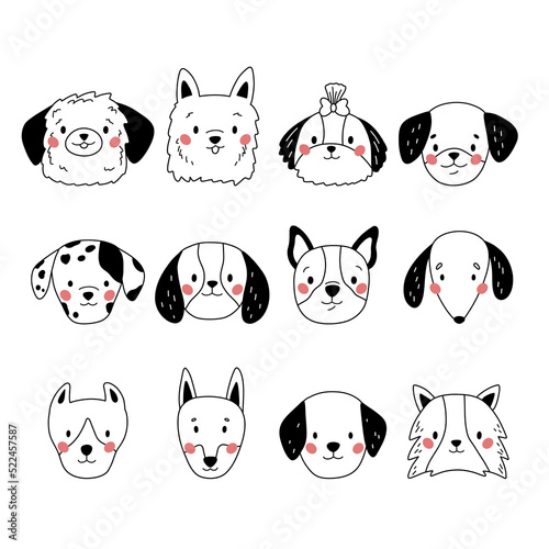 Doodle dogs faces. Hand drawn puppies heads. Different cartoon breeds of dogs. Vector illustration.