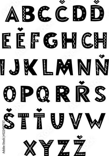 alphabet vector with characters for czech language, scandinavian style, isolated on white background, for kids