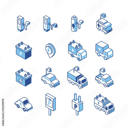 electric vehicle logo isometric flat line icons set. EV ECO clean energy technology icon. simple design vector