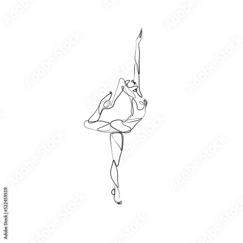 Yoga pose of woman abstract silhouette continuous line drawing, dancer girl practicing yoga single line on white background, tattoo, print and logo design, isolated vector black and white illustration