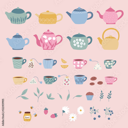 Tea pots and cups collection. Doodle hand drawn cookies, berries, honey, lemons, daisy flowers and sweets. Flat design for cafe and restaurant menu. Tea time. Vector illustration.