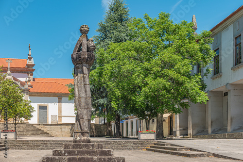 View of pillory in the square in the historic center of the village at the Praca do Municipio. Arcos de Valdevez, Viana do Castelo Portugal.